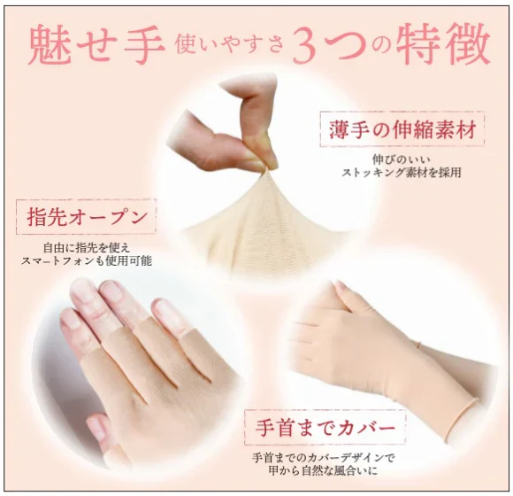 【コンシーラーストッキング】 魅せ手 手袋 手のストッキング ミ・しわ・筋・血管が目立つ手の甲にストッキング手袋でしっかりカバーシミ シワ 筋 血管 カバー レディース手袋 手の甲 薄手 伸縮 ストッキング素材 手のシミ・しわや筋張った印象などを和らげるストッキング素材の手袋 ハンドケア ハンド