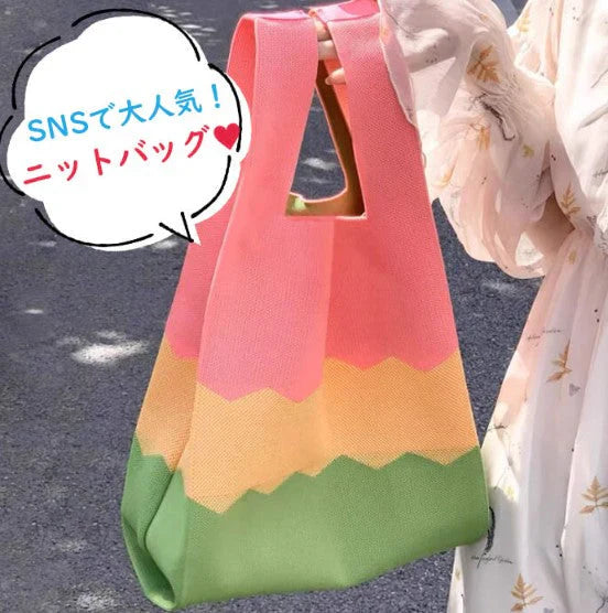 【3】【同柄2個セット】【予約商品・発送時期は商品説明に記載】ニット バッグ ニットバッグ 同柄 2個セット マルシェバッグ ニット トートバッグ 縦型 クロシェ編み かぎ針 ハンドバッグ マルシェ 韓国 ミニバッグ ミニバッグ 送料無料 ギフト プレゼント