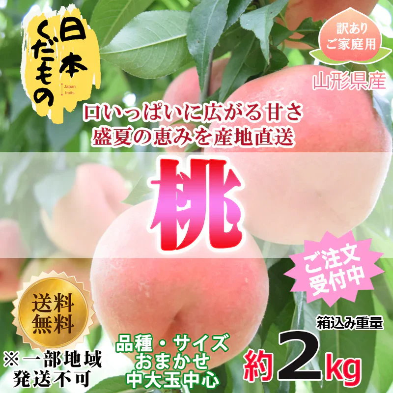 桃 2kg 中大玉中心 2980円 山形県産 品種おまかせ 訳あり 家庭用 商品説明必読 ※配送地域限定※