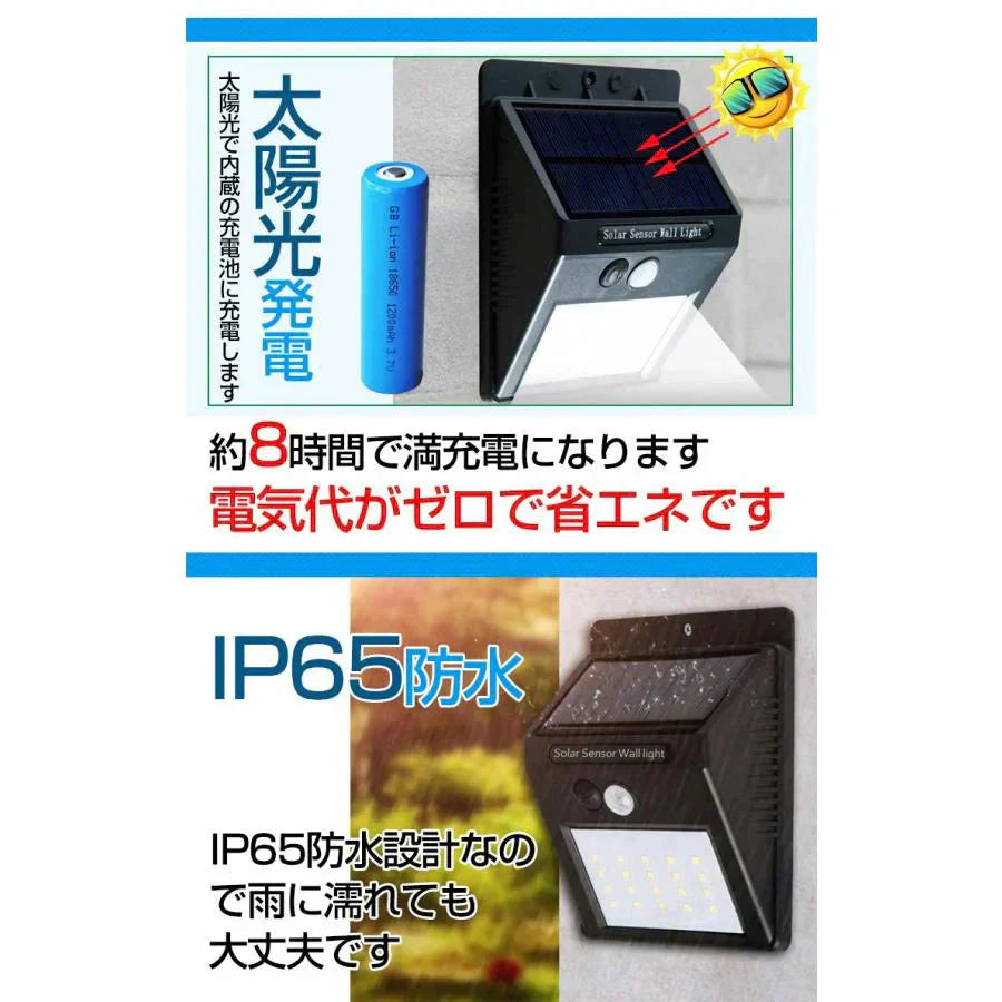 ソーラーセンサーライト 2個セット ソーラーライト 高輝度 20LED 人感 センサー 人感 明暗 夜間 自動 点灯 防水 電気不要 配線不要 屋根 玄関 壁 防犯 sl034
