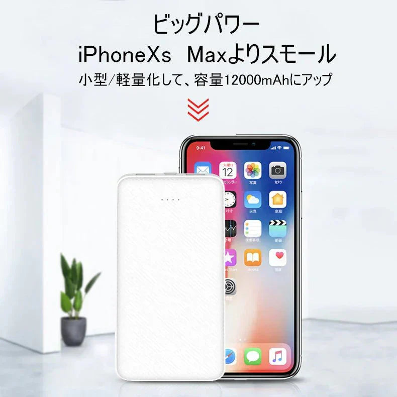 【2台同時充電可能！】モバイルバッテリー スマホ充電器 大容量 12000mAh 小型 急速充電器 PSE認証済 残量表示 2台同時充電 携帯充電器 iPhone/iPad/Android 各種対応 送料無料【ご新規さん限定商品】