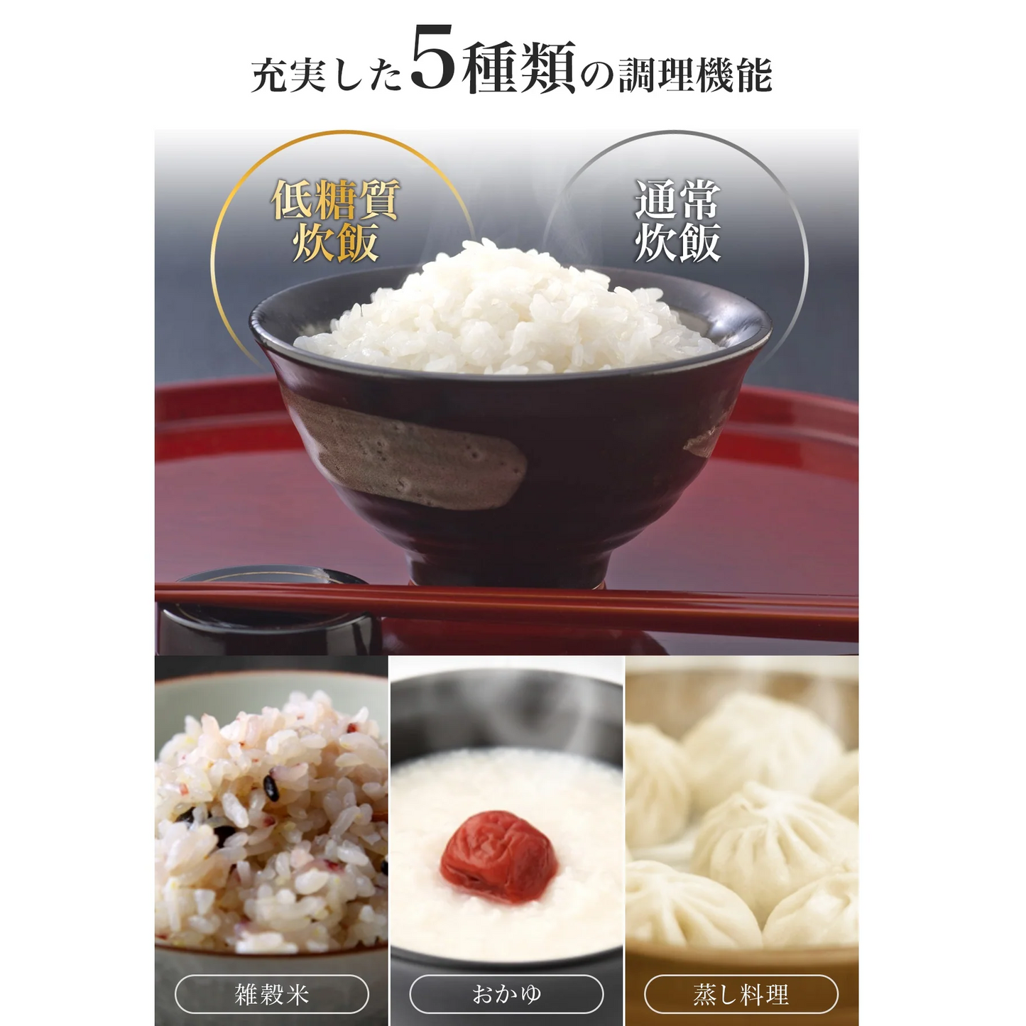 糖質カット炊飯器 【糖質54％カット/カロリー49オフ】 4.5合 高温スチーム式 （チャコールグレー）