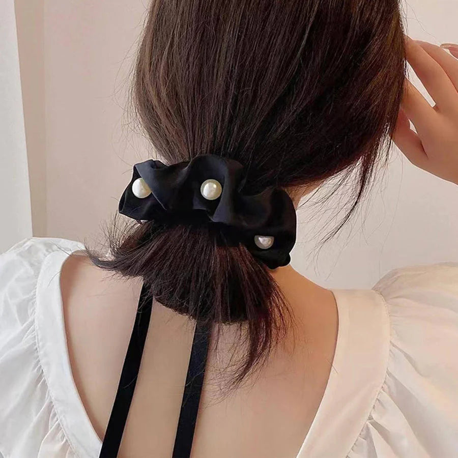(ブラック)ヘアゴム リボンシュシュ パール高級感 ヘアアクセサリー 髪留め ヘアアレンジ お呼ばれ 髪飾り キュート お団子髪飾り