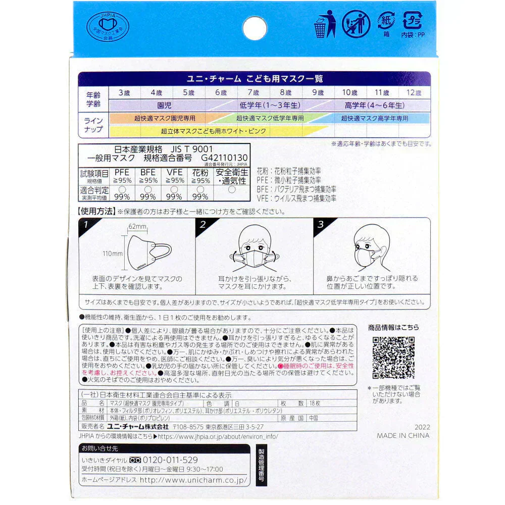 使い捨てマスク 超快適マスク かぜ／花粉用 園児専用タイプ ホワイト柄つき 18枚入X5箱
