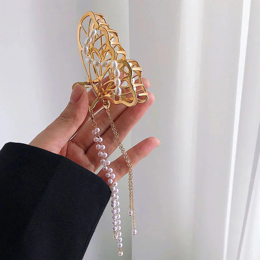 (A03)ヘアクリップ バンスクリップ パール 蝶 バレッタ おしゃれ シンプル ゴールド ヘアアクセサリー 髪飾り