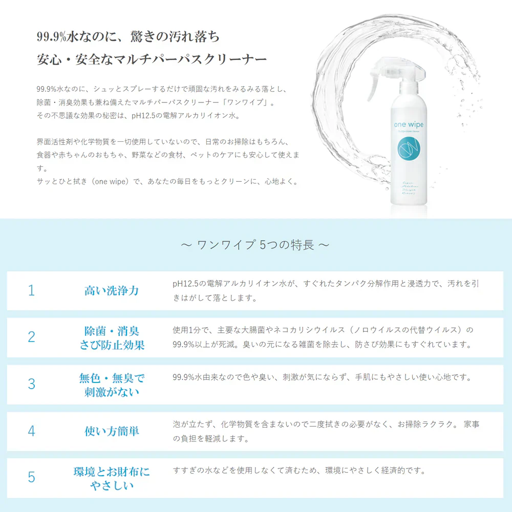 【one wipe 電解アルカリ洗浄水】300mL スプレーボトル（ワンワイプ） 除菌 汚れ落とし 消臭 ペット　ベビー用品　キッチン　鏡　衣類　4580516410945
