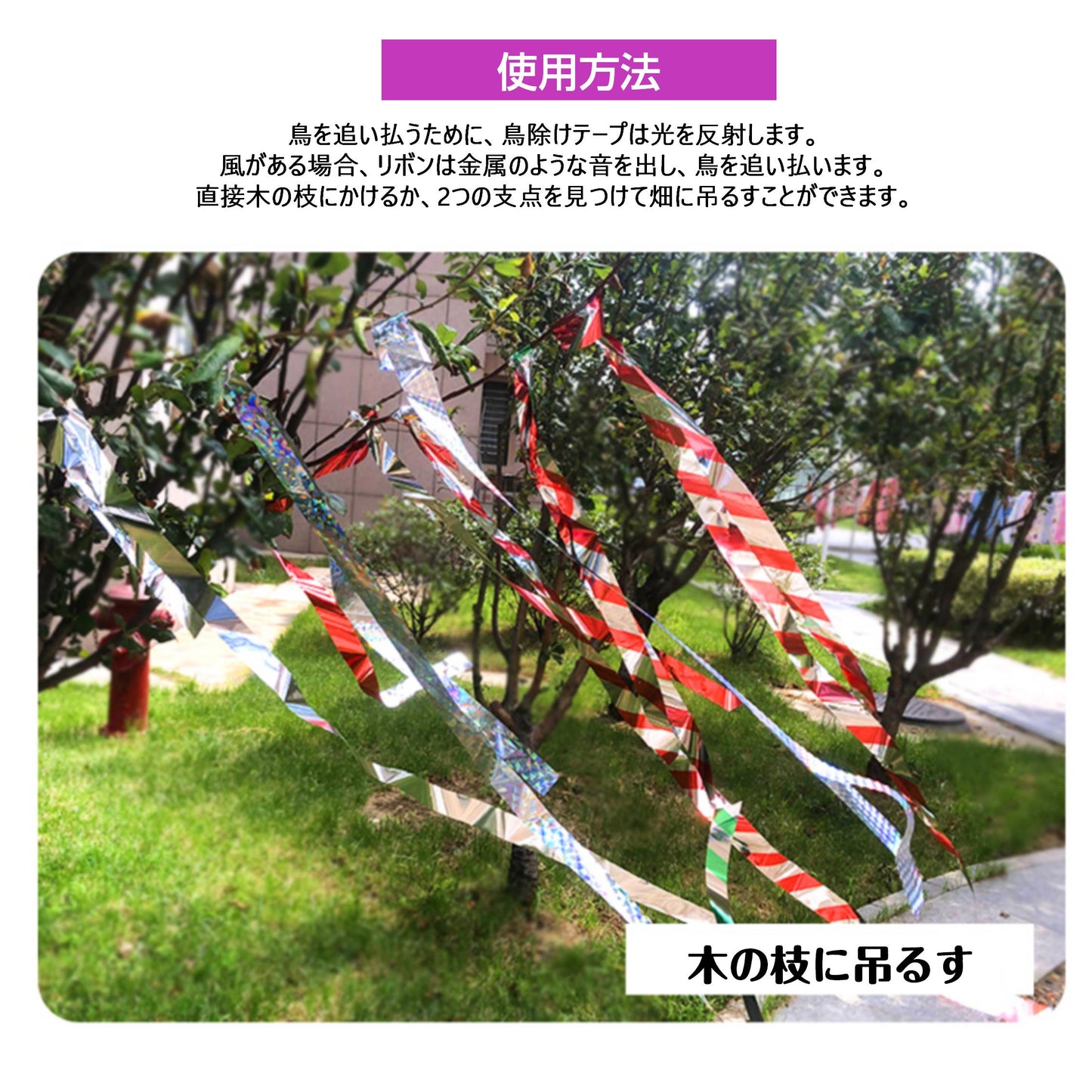 鳥よけ ホログラム テープ 50m 2個 シルバー 高輝度 太陽光 両面 反射 リボン 鳩 スズメ カラス とりよけ グッズ アイテム 防鳥対策 ベランダ 庭 畑 田んぼ 農園
