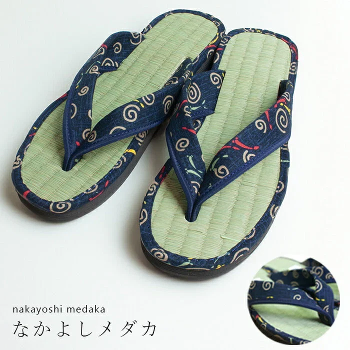【くつろぎネコ　Mサイズ】草履 レディース 痛くない 安い 草履サンダル い草 M/L ネイビー 藍染め 和柄 たたみ草履