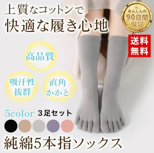 【ベージュ】5本指 ソックス ３足セット　 レディース ソックス ５本指 綿 健康 オールシーズン 消臭 蒸れない セット
