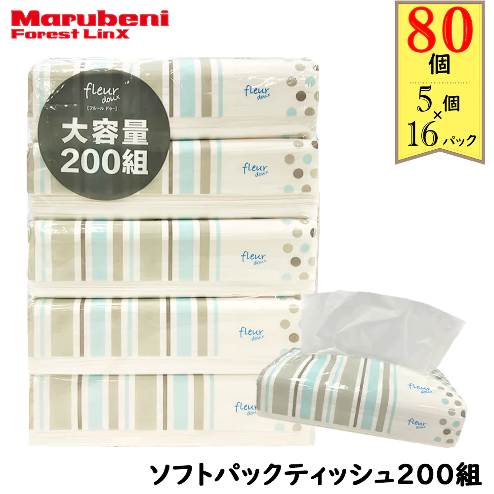 【超シェア買い祭】【57.3円/パック】＼大容量ティッシュ／［400枚（200組）5個×16パック(80個)入り ］ティッシュペーパー ソフトパックティッシュ200W 青色パッケージ フルールドゥ 送料無料