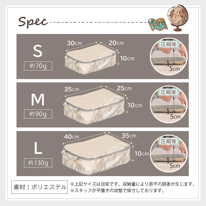 圧縮トラベルポーチ 【ブラック S】簡単圧縮 コンパクト 旅行 出張 圧縮袋 圧縮バッグ 収納ポーチ 軽量 丈夫 S M L 衣類 撥水 丸洗い 国内旅行 海外旅行 仕切り 防災 メンズ レディース 子供 送料無料 新生活