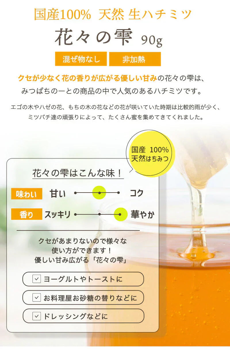 国産 天然ハチミツ　花々の雫 パウチタイプ 90g 非加熱 はちみつ 蜂蜜 ギフト 瓶詰 国産蜂蜜