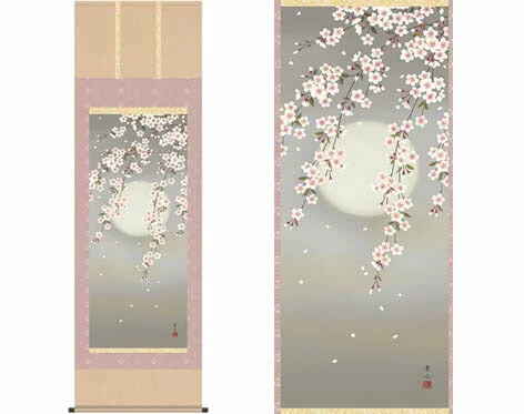 掛軸 「夜桜」 緒方葉水筆 [ 国産 日本製 保証付 品質保証付き 31×89 桜 花見 春 季節掛け 美しい ピンク 和 和室 リビング プレゼント 国内産 ギフト 床の間 インテリア 和風 送料無料 ]