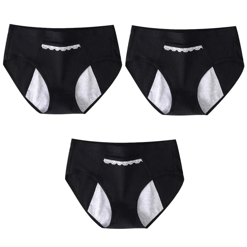 サニタリーショーツ 3枚入 ブラック Lサイズ レディース 綿 ストレッチ 生理用 パンツ 防水ゾーン 漏れ防止 ポケット 下着 通気性抜群 女性 中学生 高校生 20代 30代 40代
