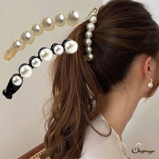 (ブラック)バナナクリップ ヘアクリップ 大きめ パール ヘアアクセサリー 髪留め 結婚式 パーティ シンプル 大人かわいい