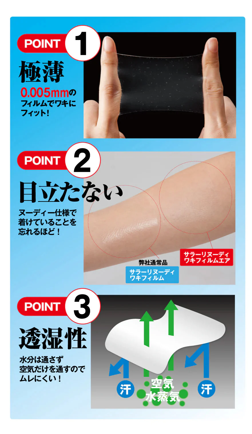 【サラーリ ヌーディーワキフィルム エア 20枚入】ワキ汗目立たない、0.005mmの極薄制汗シート ワキの臭い ワキ臭 汗染み 貼るだけ フィット 伸縮性あり ワキ汗 ワキ染み 夏 汗 極薄透明フィルム 目立たない ムレにくい 0.005ｍｍ極薄透明フィルム 汗取りパッド 制汗 制汗剤 制汗シート 脇汗シート 脇汗 ワキ汗 汗染み 防止 ニオイ対策 足裏 スポーツ アウトドア 目立たない 透明 フィルム 夏 ワキ 脇汗 ボディケア