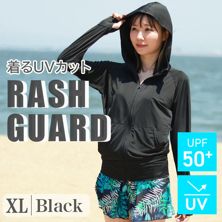 【XLサイズ】【ブラック】ラッシュガード 接触冷感 レディース パーカー 長袖 UVカット UVカットパーカー UPF50 フード付き ハイネック 日焼け防止 水着 女性 夏 薄手 吸水 速乾 ストレッチ 伸縮 軽い XS S M L XL 冷感 アウトドア キャンプ 釣り 海 海水浴 送料無料