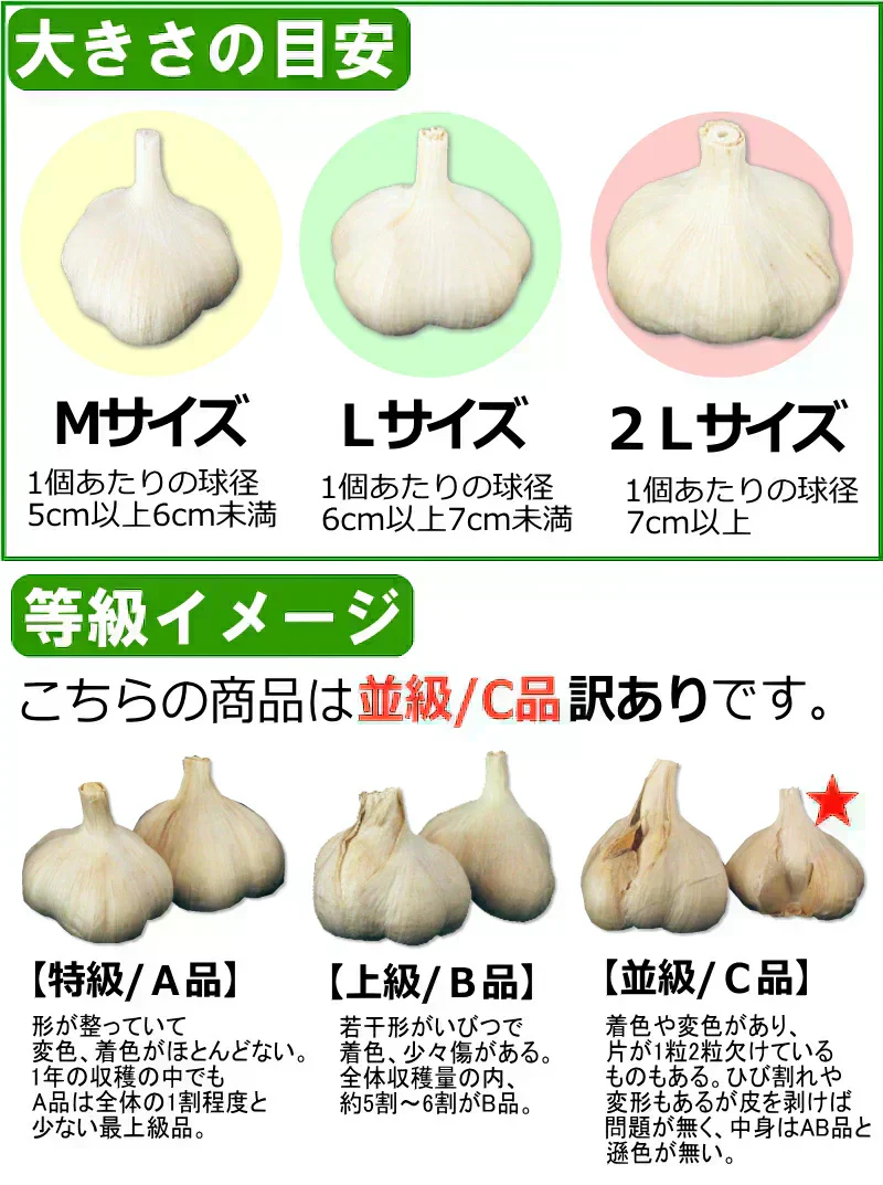 令和7年度産 青森県産にんにく 1㎏ 訳あり 並級C品 Mサイズ以上大玉混合 福地ホワイト六片種