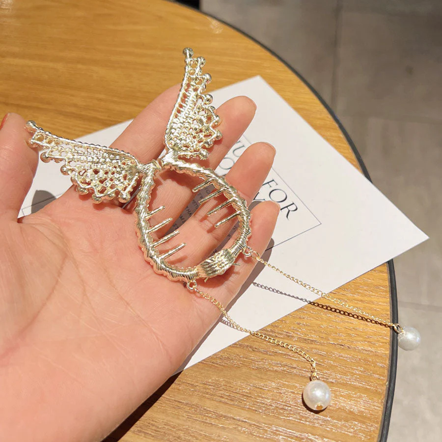 (HANE)ヘアクリップ ゆらゆらチェーン付き 髪留め 髪飾り 扇子 ヘアアクセサリー オシャレ上品 パーティー飾り