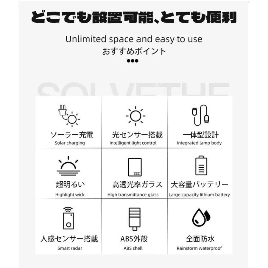 ソーラ式センサーライト センサーライト 大容量バッテリー 人感センサー搭載 全面防水 3つ点灯モード 高透光率ガラス 超明るい w633