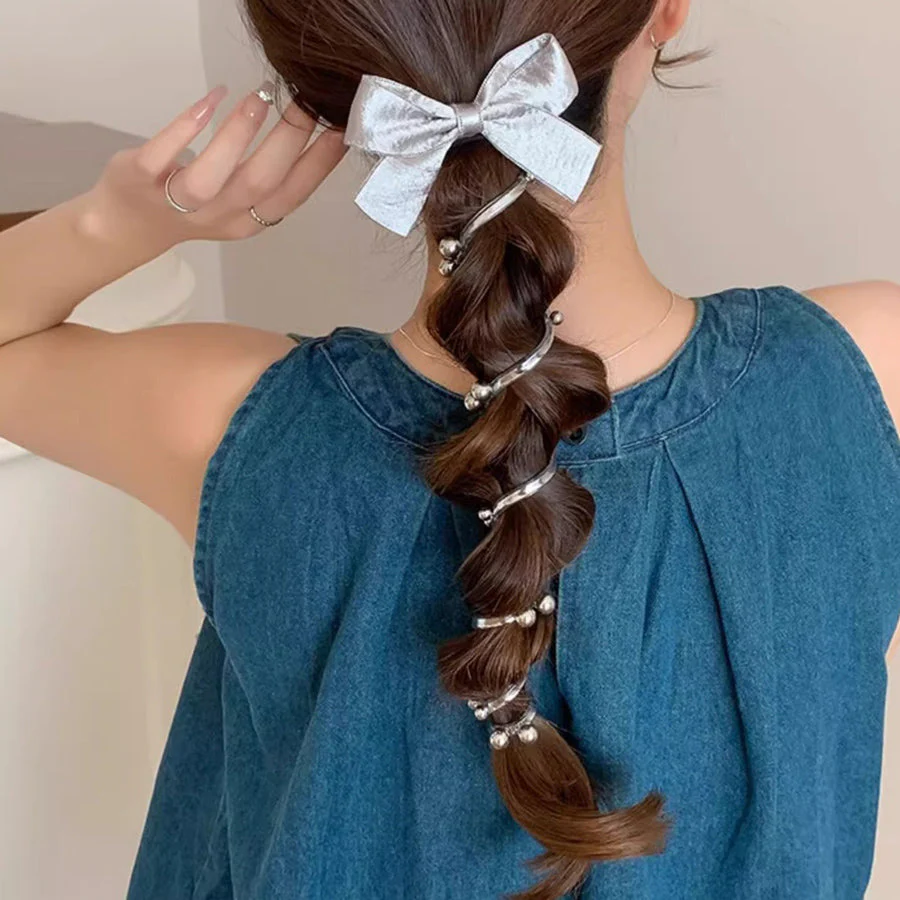 (シルバー*S)プリングヘアゴム リボンヘアゴム くるくる ヘアアクセサリー オシャレ 髪飾り コイルポニー ワイヤーポニー まとめ髪 プチプラ
