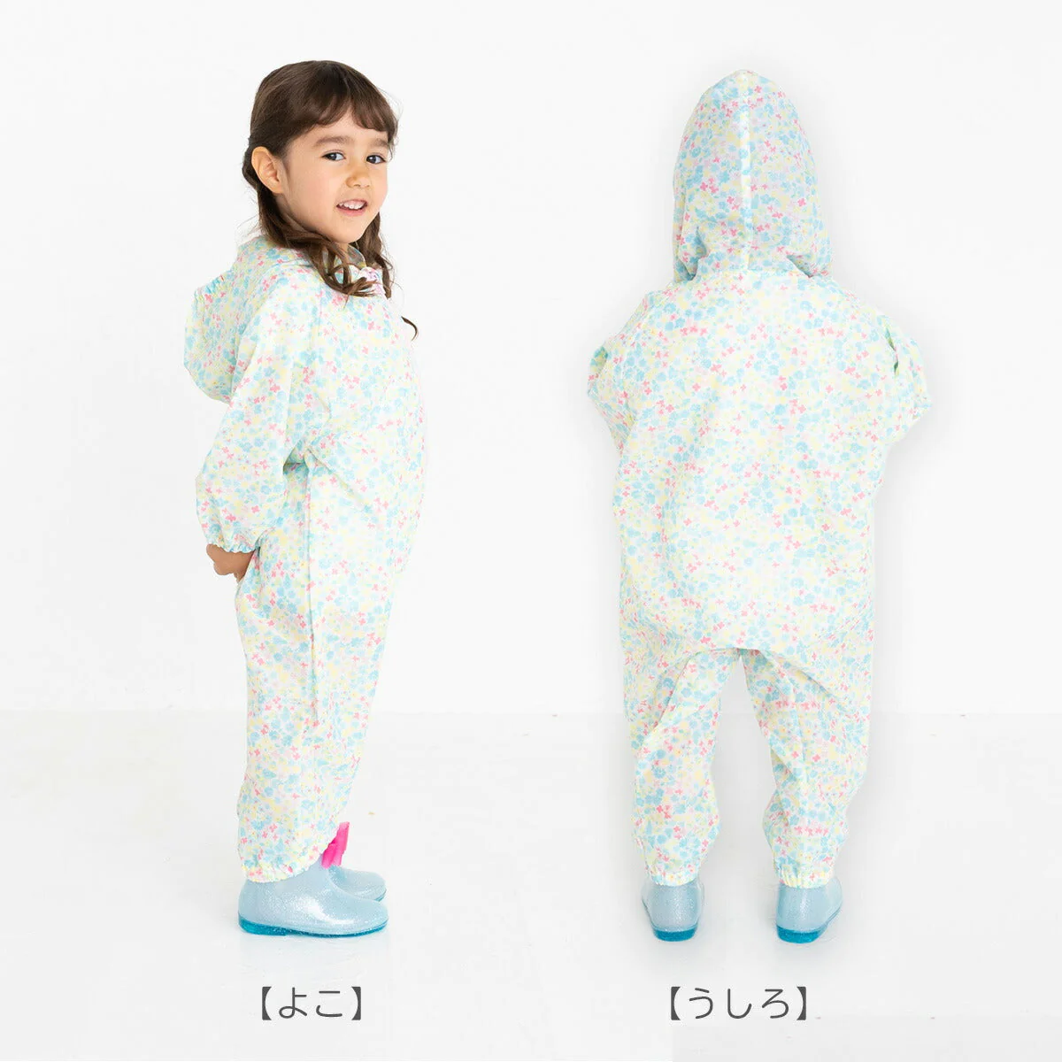 【100サイズxサンカクボーダーブルー】レインコート キッズ プレイウェア 80cm 90cm 100cm レインロンパース 長袖 幼児 子供用 撥水 子供 子ども こども 1歳 2歳 3歳 砂場着 遊び着  雨 上下 つなぎ 前開き 前身ファスナー レインパーカー 女の子 男の子 ロンパース フード 登園 保育園 幼稚園 送料無料