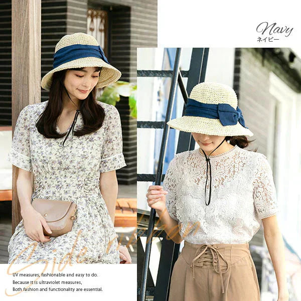 【フリー-ネイビー】【商品名：紐付き手編みストローHAT】