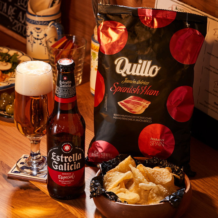 スペインビールの代名詞ラガー&スパニッシュハムポテチ ラッピング済 ギフト エストレージャ・ガリシア Estrella Galicia スペイン ビール ラガー 330ml 1本 瓶 ポテトチップス ハム 130g