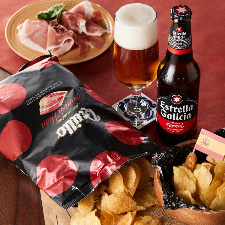 スペインビールの代名詞ラガー&スパニッシュハムポテチ ラッピング済 ギフト エストレージャ・ガリシア Estrella Galicia スペイン ビール ラガー 330ml 1本 瓶 ポテトチップス ハム 130g