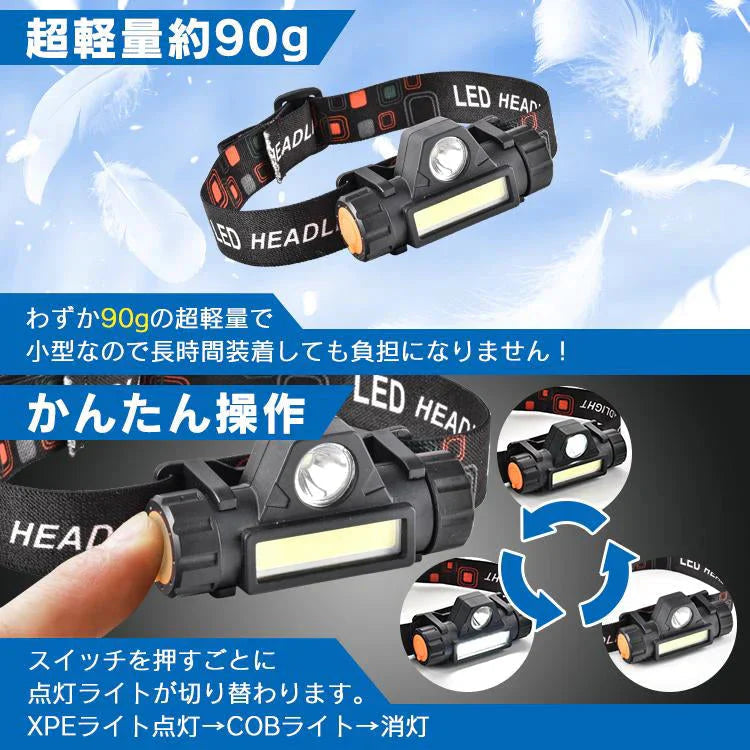 ヘッドライト 2個セット LED 軽量 USB 充電式 高輝度 ヘッドランプ IPX5 COB 防水 懐中電灯 照射 照明 釣り 登山 アウトドア キャンプ 作業灯 作業ライト 夜間 散歩 od578【防災グッズがお得】