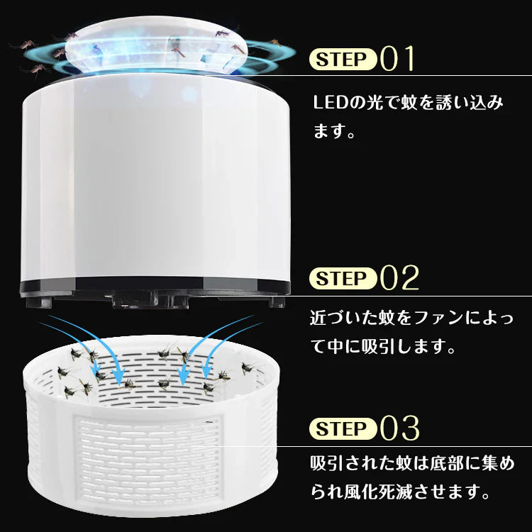【送料無料】 蚊取り器 「ホワイト」 殺虫器 LED 虫除け 吸引 誘引式 USB給電 静音 殺虫剤不要 薬剤不使用 ny104-wh
