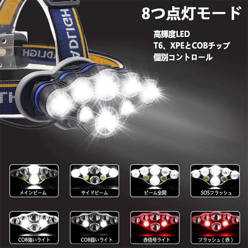最新版超強光ヘッドライト led 充電式 ヘッドランプ - 軽量 防水 90度調節可能 高輝度 18650型バッテリー(w018)