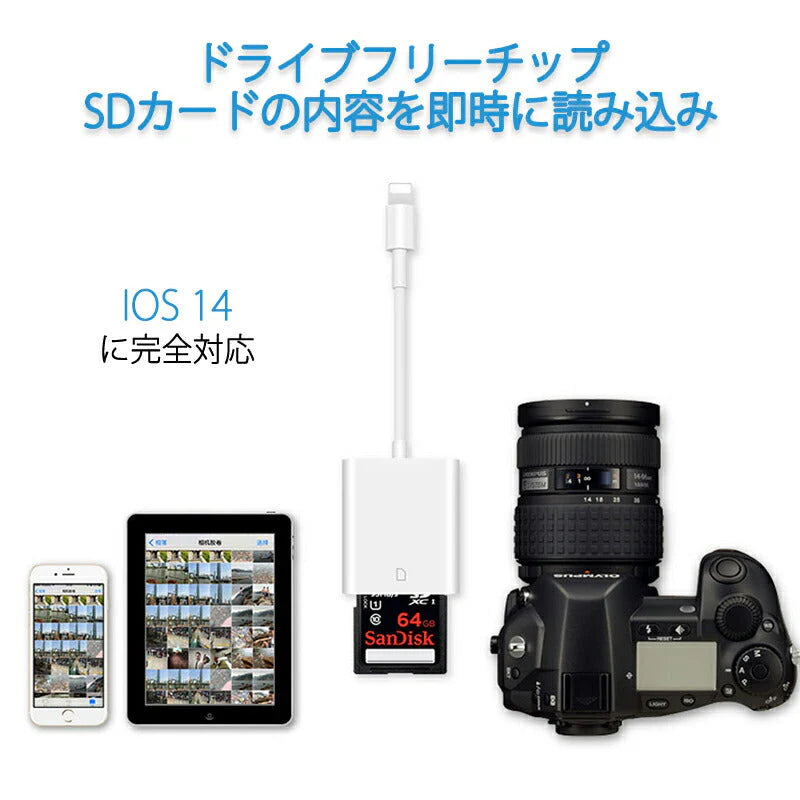 iPhone用SDカードリーダー lightning⇔SDアダプタ ケーブル iPad Lightningライトニング専用 アイパッド データ転送 バックアップ 写真 映像 ファイル 保存移動