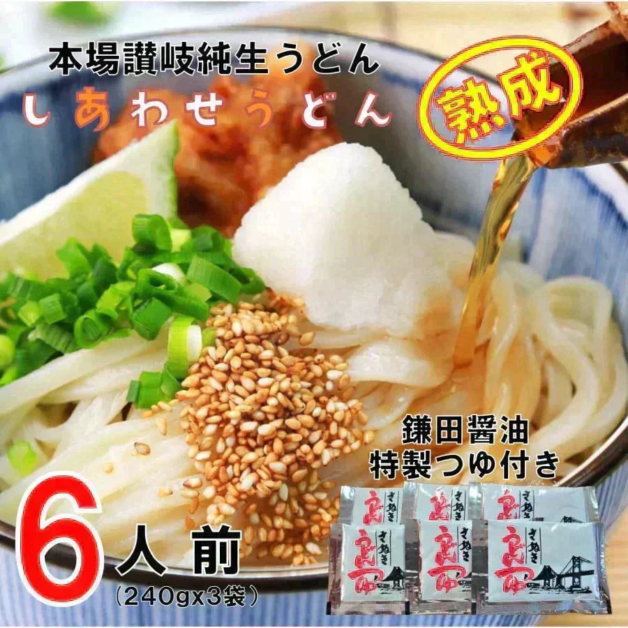 本場讃岐純生うどん 720g(240gx3袋)  約6人前  鎌田醤油 つゆ付き うどん  特産品 名物品  しあわせ製麺 hoso6tuyu
