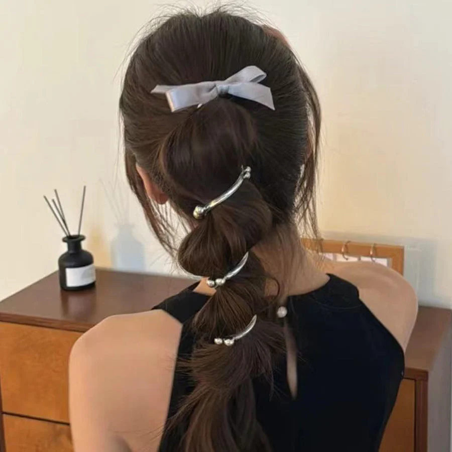 (シルバー*L)プリングヘアゴム リボンヘアゴム くるくる ヘアアクセサリー オシャレ 髪飾り コイルポニー ワイヤーポニー まとめ髪 プチプラ
