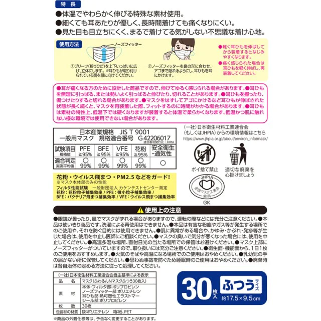 ふわるん マスク ふつう 30枚 2箱　60枚 ピンク　BFE PFE VFE 花粉試験済み　99％ガードフィルタ採用