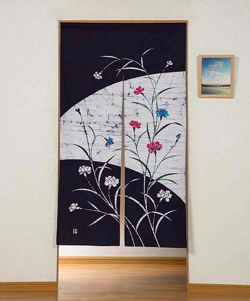 のれん 暖簾 おしゃれ 和風モダン ろうけつ染めのれん カーネーション 80×150cm