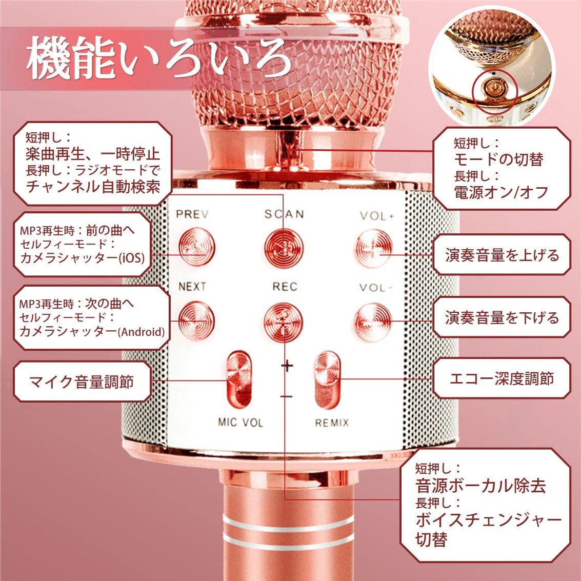 カラオケマイク ローズゴールド ワイヤレスマイク Bluetoothマイク スピーカー付き 高音質 USB充電 録音 ボーカルカット エコー 子供 クリスマス 誕生日 パーティー プレゼント