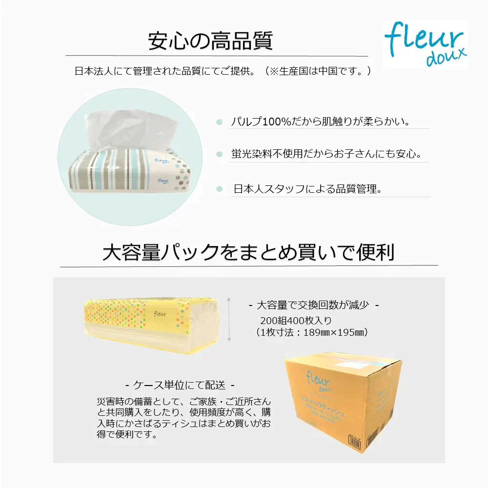 ＼大容量ティッシュ／［400枚（200組）5個×16パック(80個)入り ］ティッシュペーパー ソフトパックティッシュ200W 黄色パッケージ フルールドゥ 送料無料