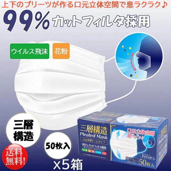 使い捨てマスク iiもの本舗 三層構造 口元空間ドーム型マスク 大人用サイズ 50枚入りＸ5箱