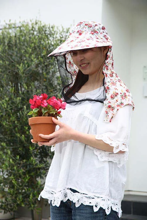 【ピンク×ホワイト】虫よけ 帽子 花柄 レディース 虫よけレースハット  UVカット 農作業 ガーデニング