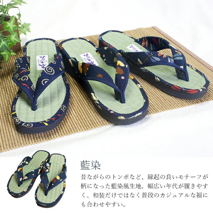 【くつろぎネコ　Mサイズ】草履 レディース 痛くない 安い 草履サンダル い草 M/L ネイビー 藍染め 和柄 たたみ草履