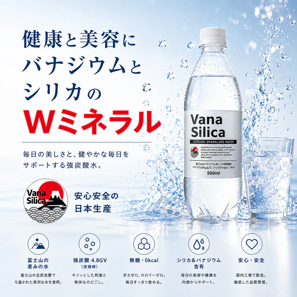 炭酸水 富士山のバナジウム＆シリカ 強炭酸水 VanaSilica（バナシリカ） 500ml 24本×2箱（計48本）プレーン