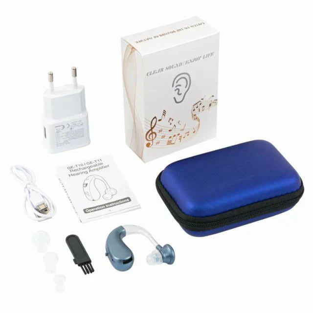即納 補聴器 集音器 左右両用耳掛け式 充電式 軽量 2種類モード 音質切り替え機能を搭載 シリコーン 両親 高齢者用 敬老の日 日本語説明書付き w591B(ゴールド)