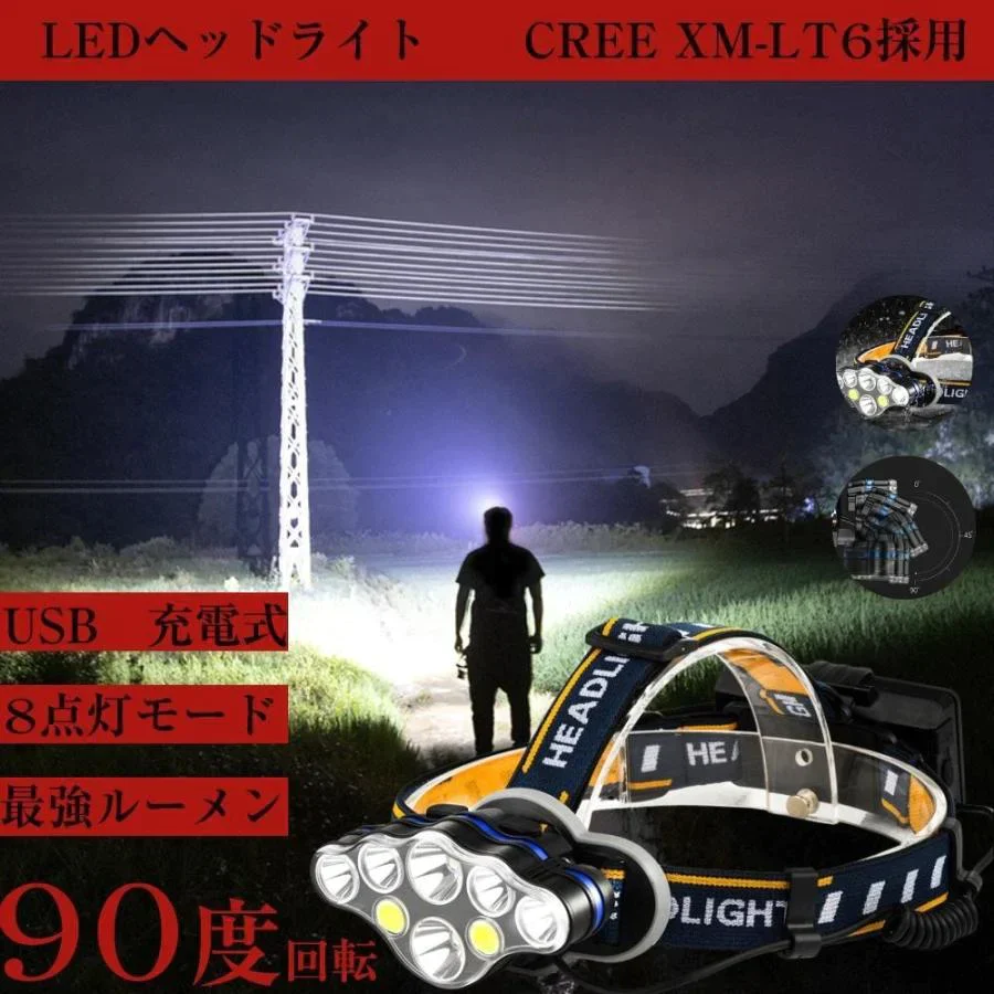 2022最新版 led 充電式 ヘッドランプ 防水 高輝度 夜釣り 停電時用 登山 アウトドア 作業用 8点灯モード USB充電式 防災 ランニング PSE認証済み
