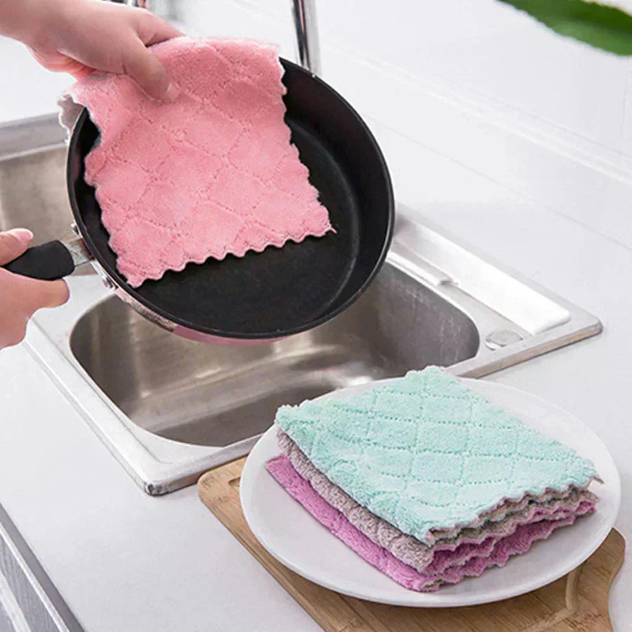 (ピンク+パープルセット)キッチンクロス 4枚セット 食器用　両面 ダブルカラー 布巾 学校用 ハンドタオル 速乾 吸水タオル マイクロファイバー