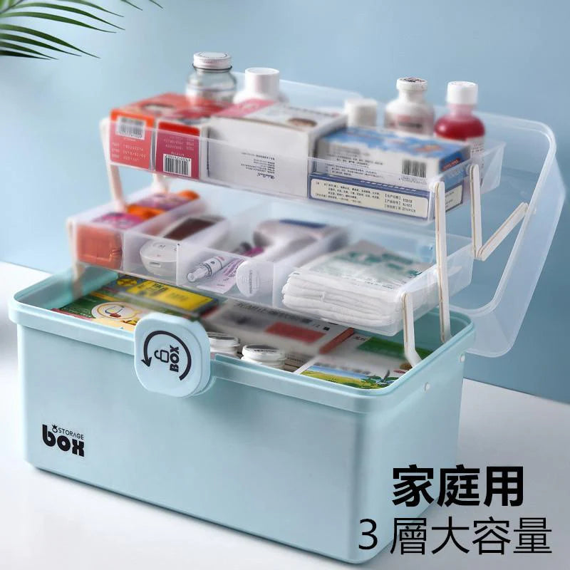 収納ボックス 薬箱 救急箱 大容量 3層 応急ボックス 取っ手付き 携帯便利 家庭用 薬入れ 小物入 w463A(ブルー)