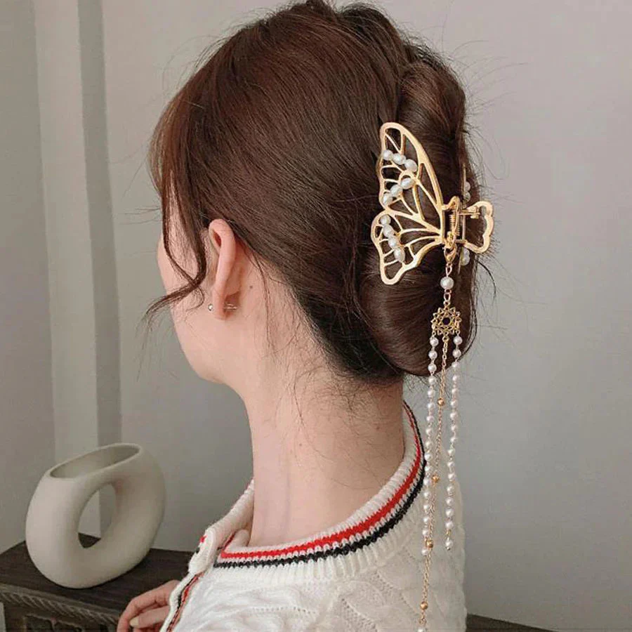 (A04)ヘアクリップ バンスクリップ パール 蝶 バレッタ おしゃれ シンプル ゴールド ヘアアクセサリー 髪飾り