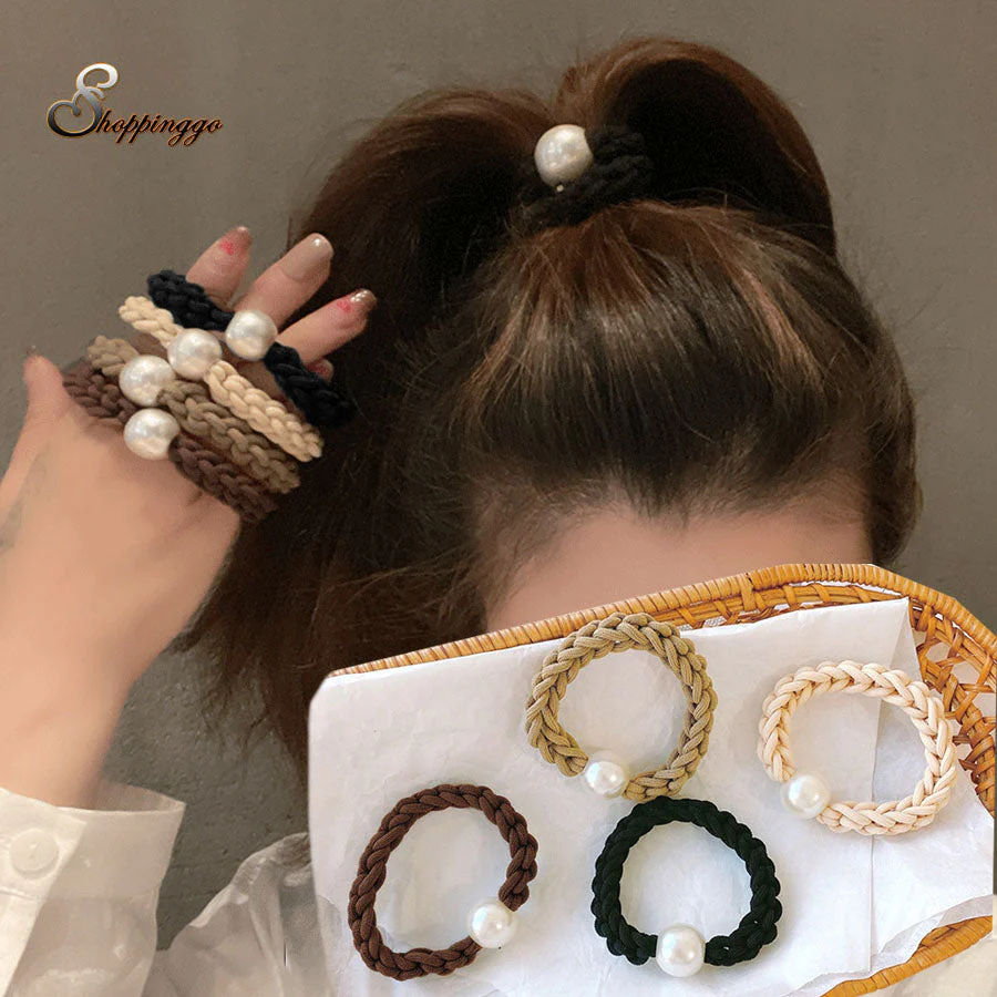 (キャメル)ヘアゴム パール おしゃれ ヘアアクセサリー リボン結び シンプル 髪留め