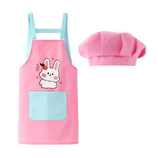 キッズエプロン ピンク 140（130cm,140cm,150cm）2点セット H型エプロン 給食帽子 セット 子供用エプロン かわいい キャラクター付 110 120 130 140 幼稚園 小学生 絵画 料理 女の子 男の子